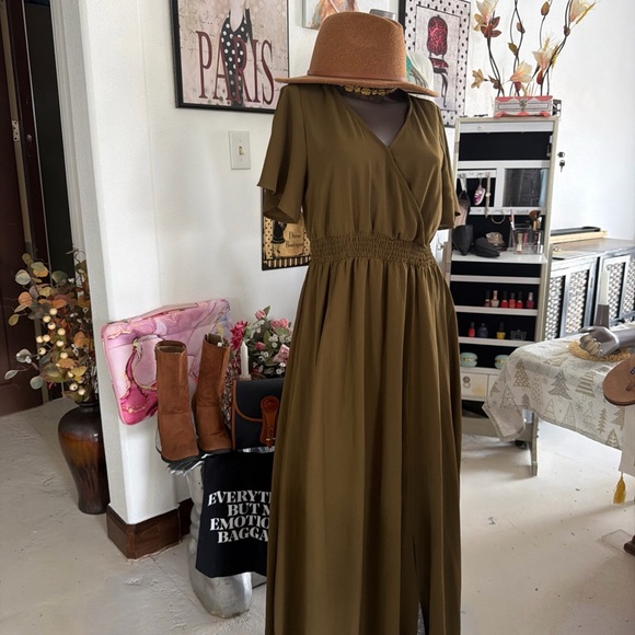 Olive V-Neck Smocked-Waist Maxi Dress - Picture 8 of 10